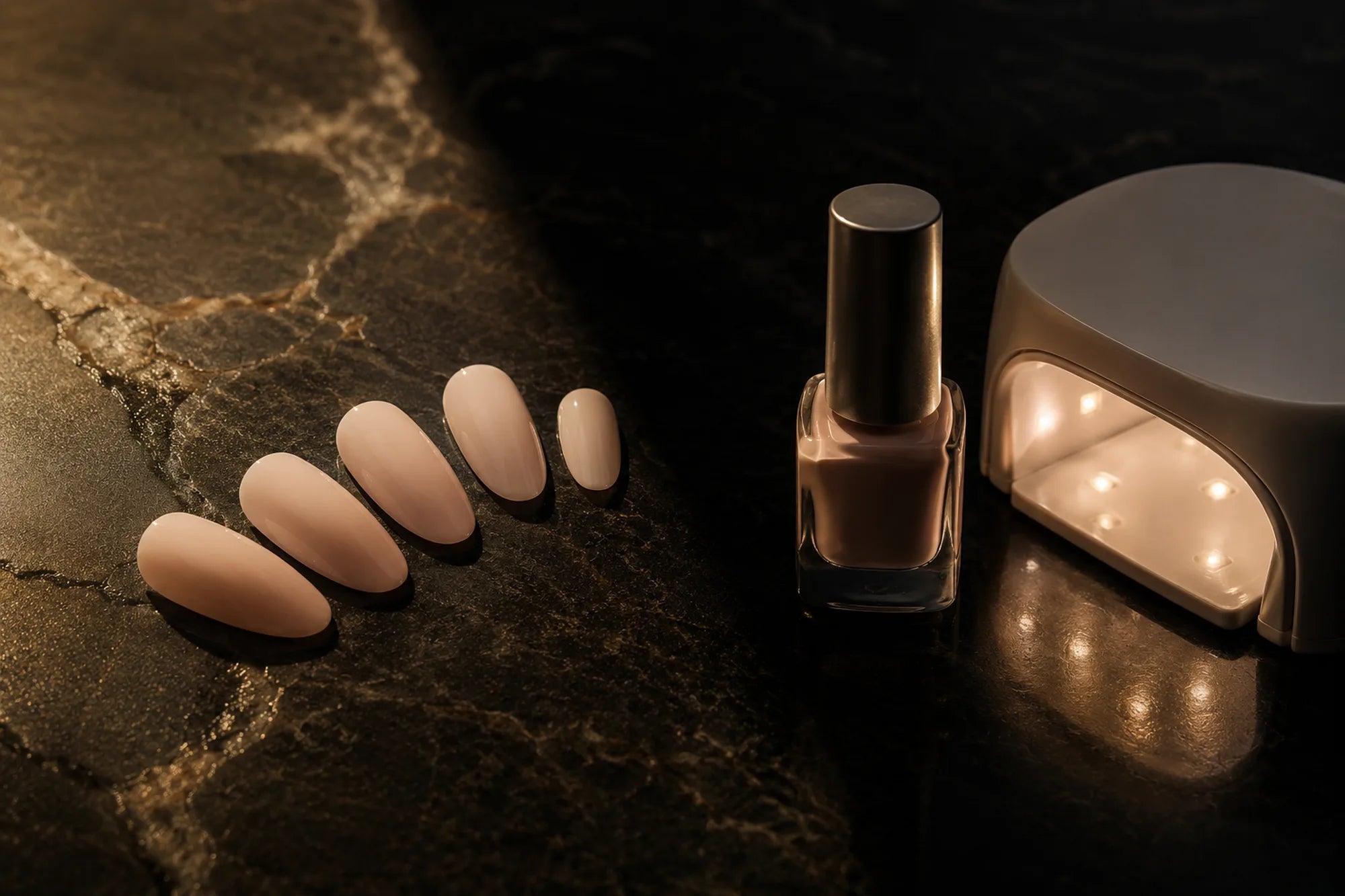 Press-on nails compared with gel polish bottle and UV lamp on dark marble