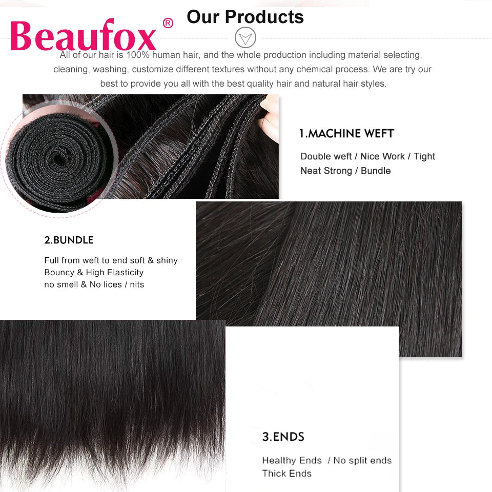 Beaufox Peruvian Hair Bundles Straight Human Hair Weave Bundles Remy Hair Extension Natural Black 1/3/4 Pcs 8-30 Inches