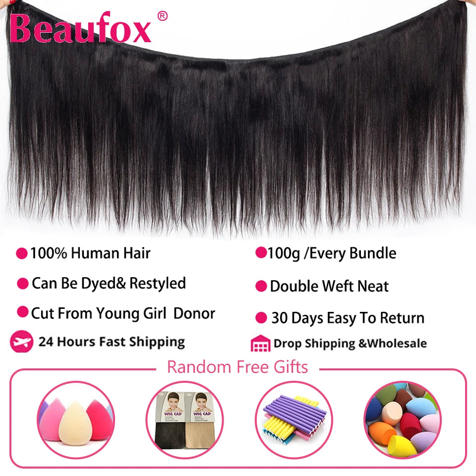 Beaufox Peruvian Hair Bundles Straight Human Hair Weave Bundles Remy Hair Extension Natural Black 1/3/4 Pcs 8-30 Inches