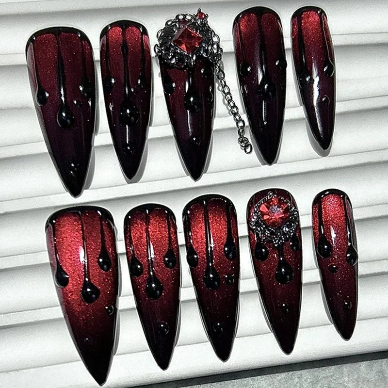 Blood Red Cat Eye Press-On Nails, Coffin Long