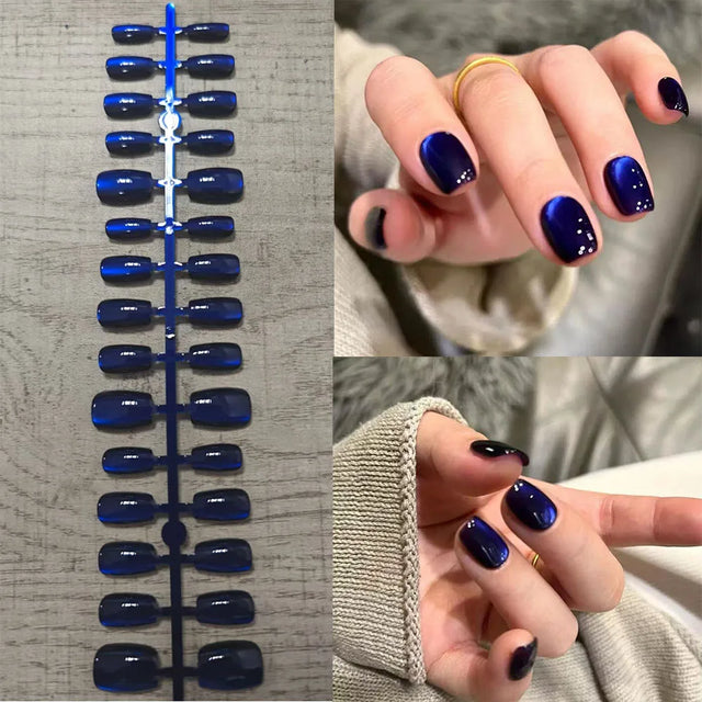 Navy Cat Eye Press-On Nails, Square Short