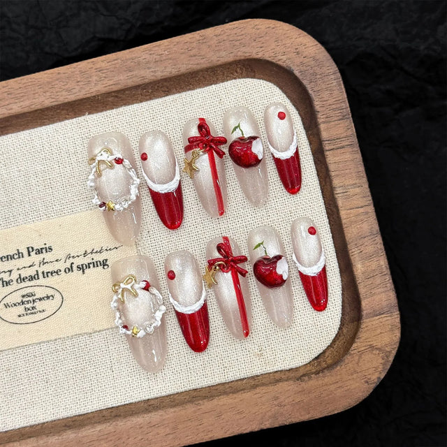 Red Cat Eye French Press-On Nails, Almond Medium
