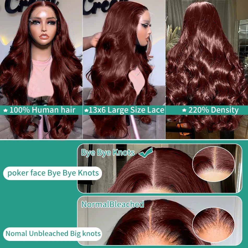 220% HD Reddish Brown Dark Red Brown Body Wave 13x6 Lace Front Human Hair Wigs 13x4 Lace Frontal Wig Brazilian Remy Hair