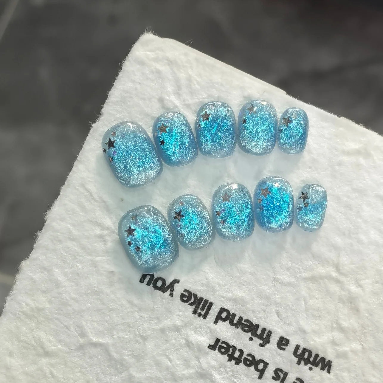 Aqua Bubble Press-On Nails, Oval Short