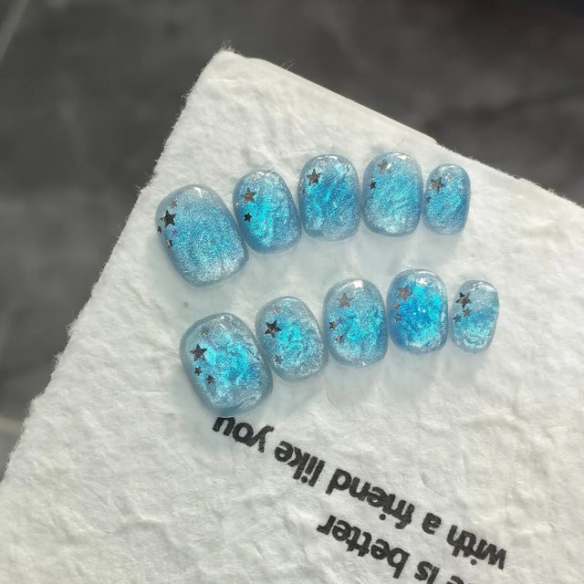 Aqua Bubble Press-On Nails, Oval Short