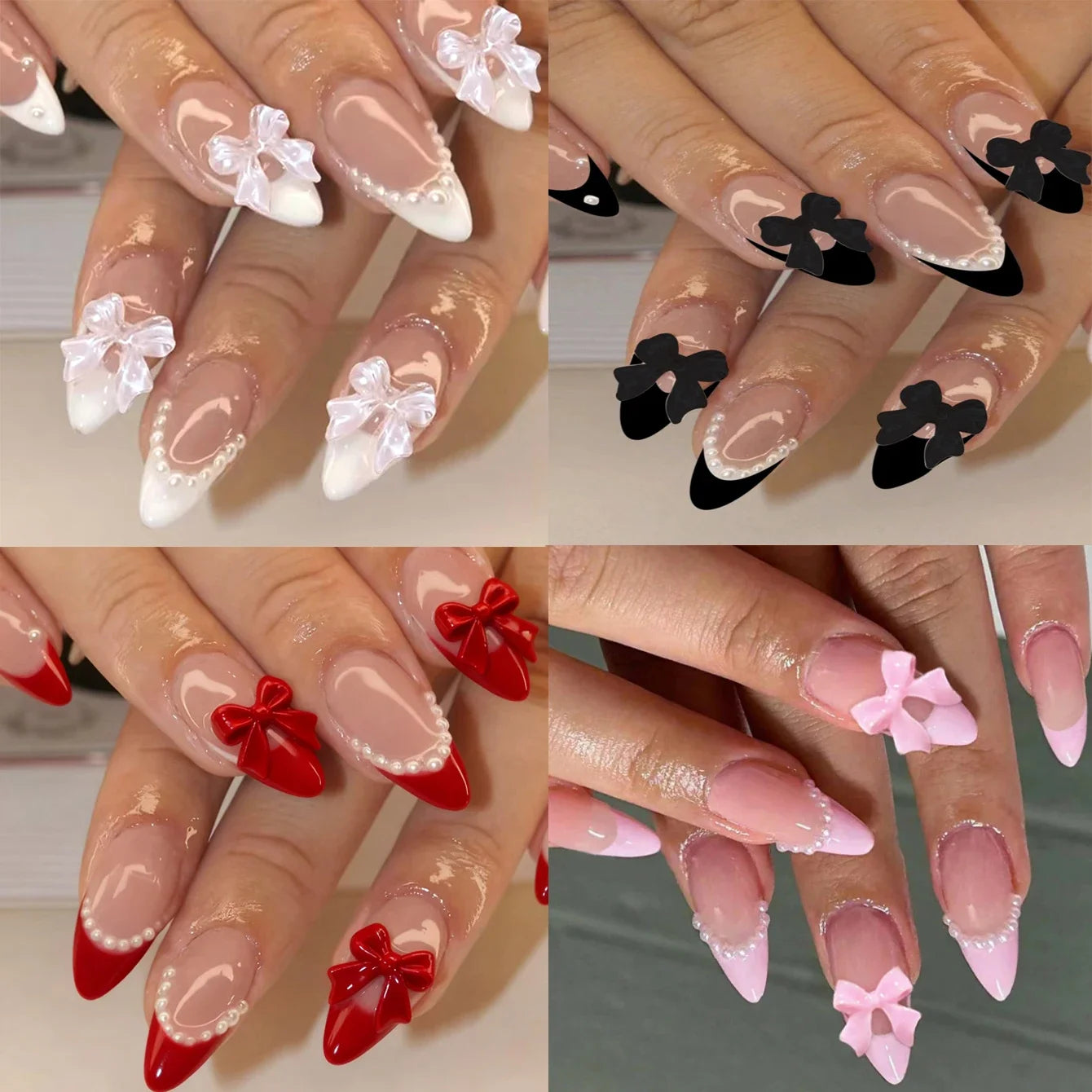 Bow Pendant French Press-On Nails, Coffin Medium