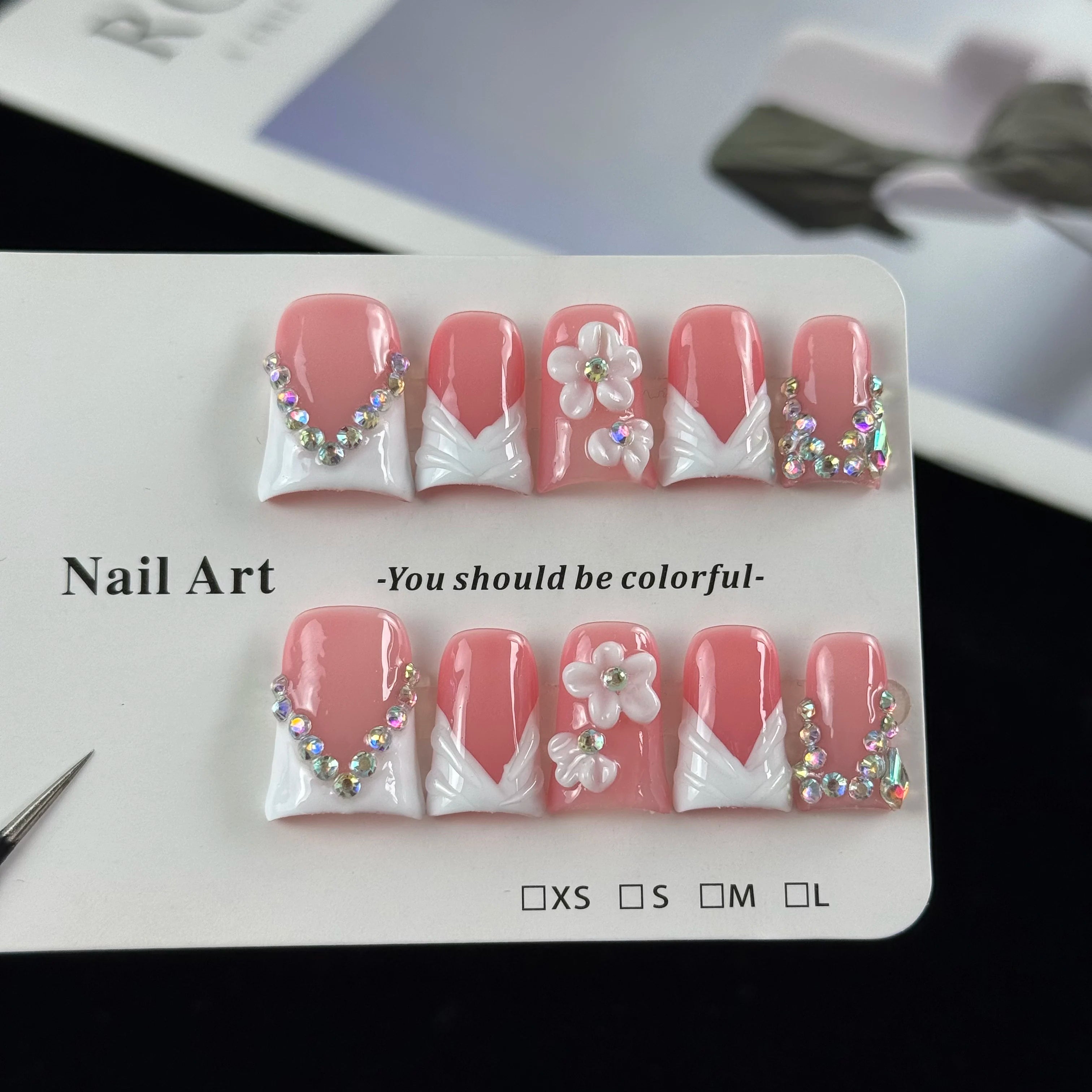 Hand Painted Rose Press-On Nails, Square Long