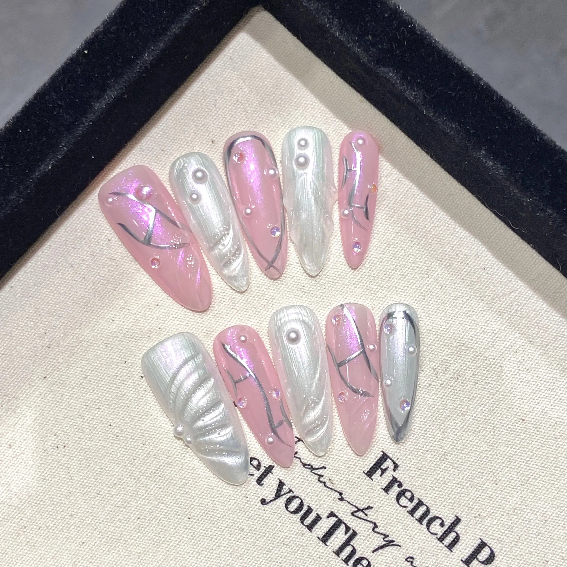 Aurora Pearl Press-On Nails, Almond Medium