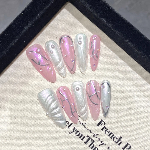 Aurora Pearl Press-On Nails, Almond Medium