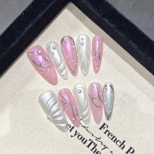 Aurora Pearl Press-On Nails, Almond Medium