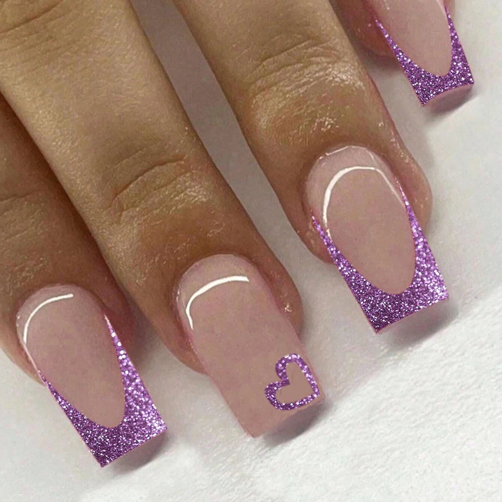 Lilac Glitter French Press-On Nails, Coffin Medium