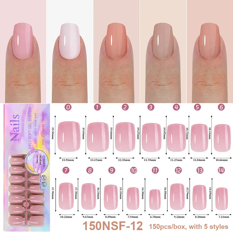 Full Cover Press-On Nail Tips, 150 Pieces in 15 Sizes