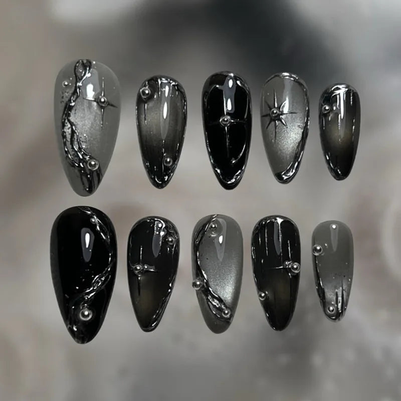 Onyx Marble Press-On Nails, Almond Long