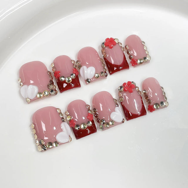 Carved Bloom Press-On Nails, Coffin Short
