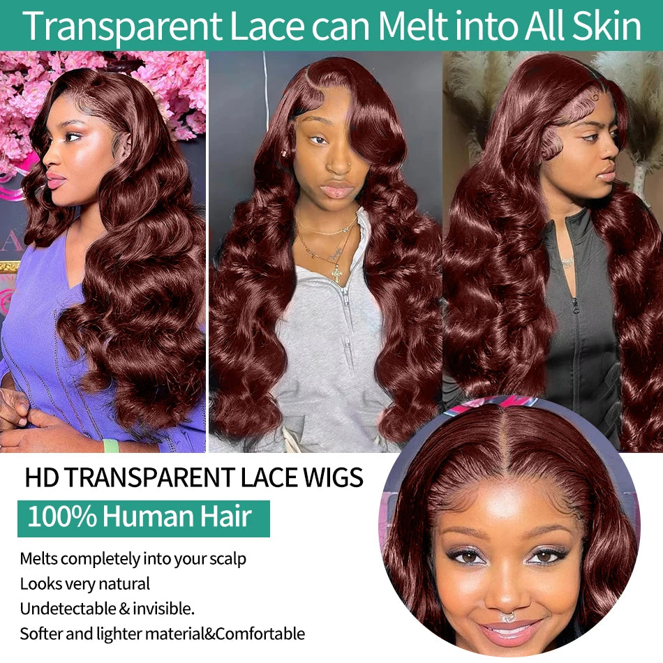 220% HD Reddish Brown Dark Red Brown Body Wave 13x6 Lace Front Human Hair Wigs 13x4 Lace Frontal Wig Brazilian Remy Hair