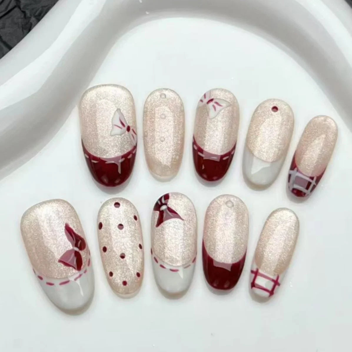 Cherry Dot French Press-On Nails, Oval Medium