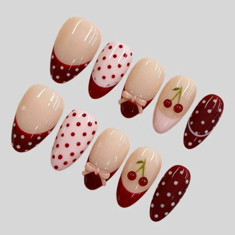 Cherry Dot Press-On Nails, Almond Medium