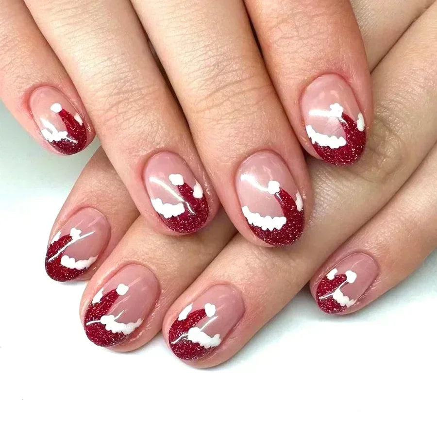 Snowfall Red Press-On Nails, Oval Short