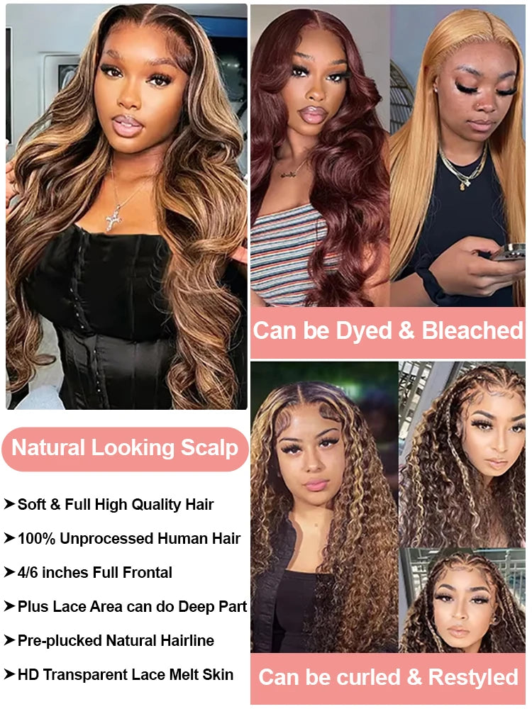 13x4 Highlight Wig Body Wave Lace Front Wig 40 Inch 4/27 Honey Blonde Colored Human Hair Wigs 13x6 Hd Lace Frontal Wig For Women