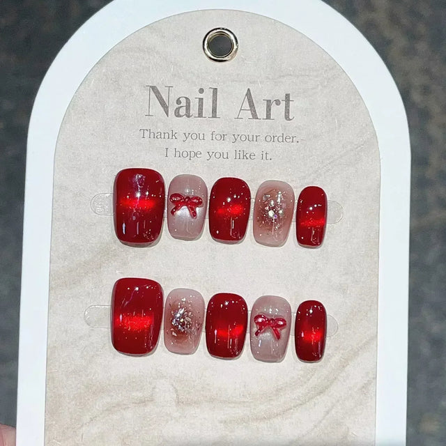 Cherry Bow Press-On Nails, Square Short