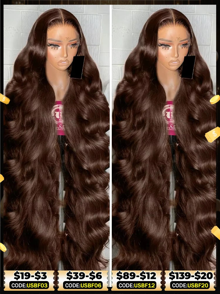 HD 250% 30 40 Inches Chocolate Brown Body Wave 13x6 Lace Front Human Hair Wigs 13x4 Lace Frontal Wig Brazilian Remy Hair Wig