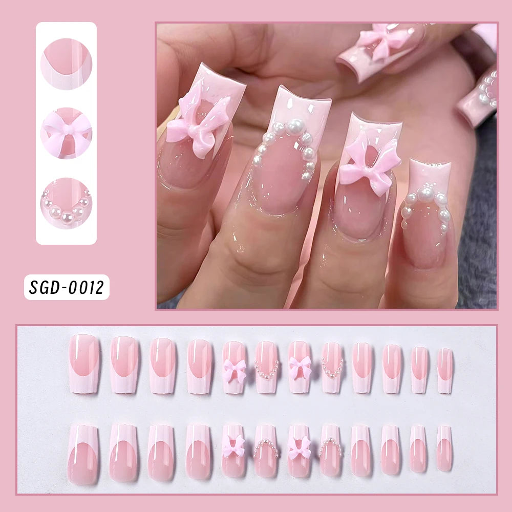 Korean Bow Press-On Nails, Square Long
