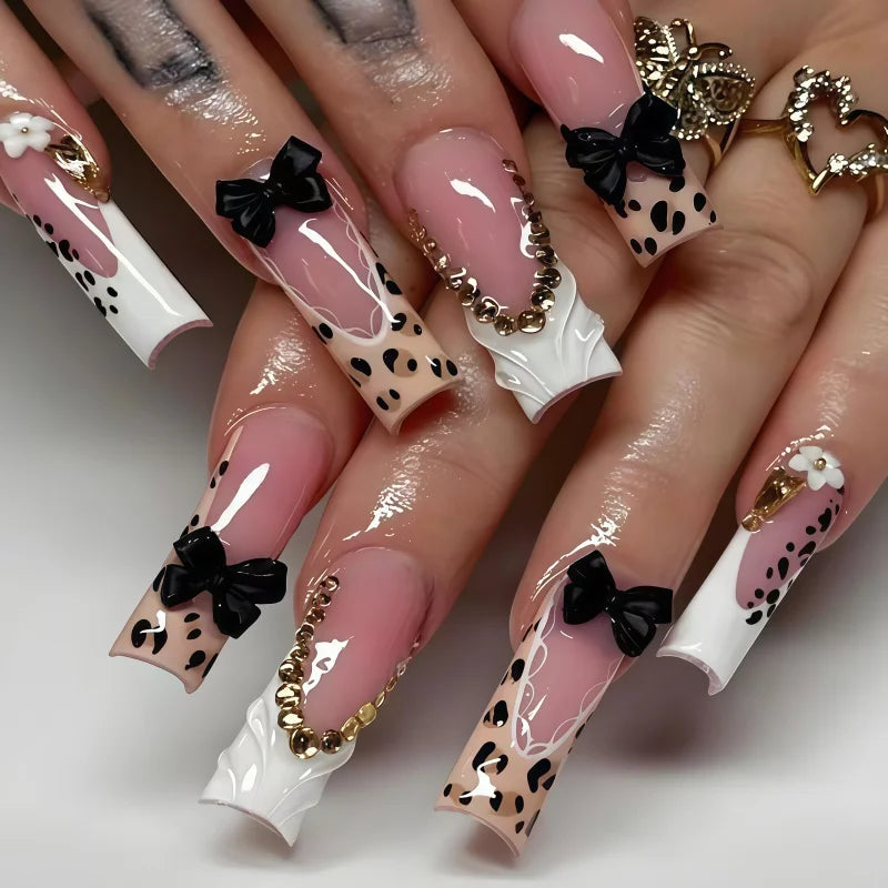 Leopard Bow Long Press-On Nails, Coffin Long