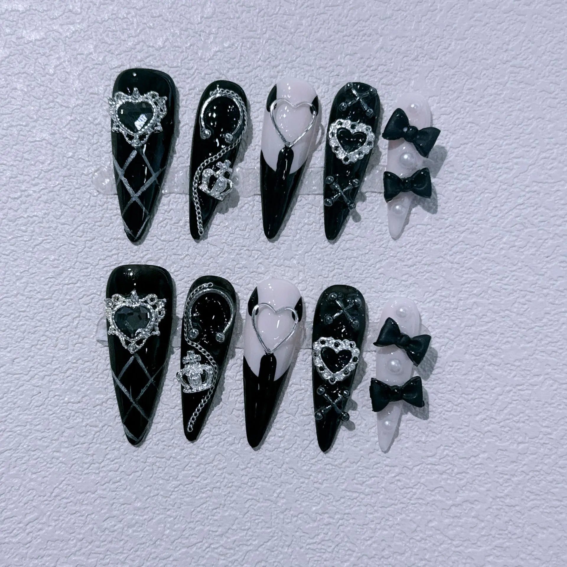 Noir Bow Press-On Nails, Stiletto Long