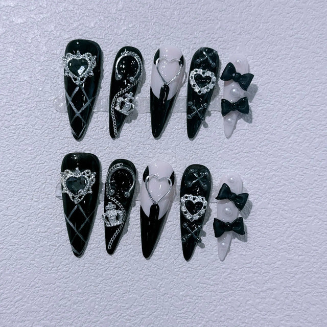 Noir Bow Press-On Nails, Stiletto Long