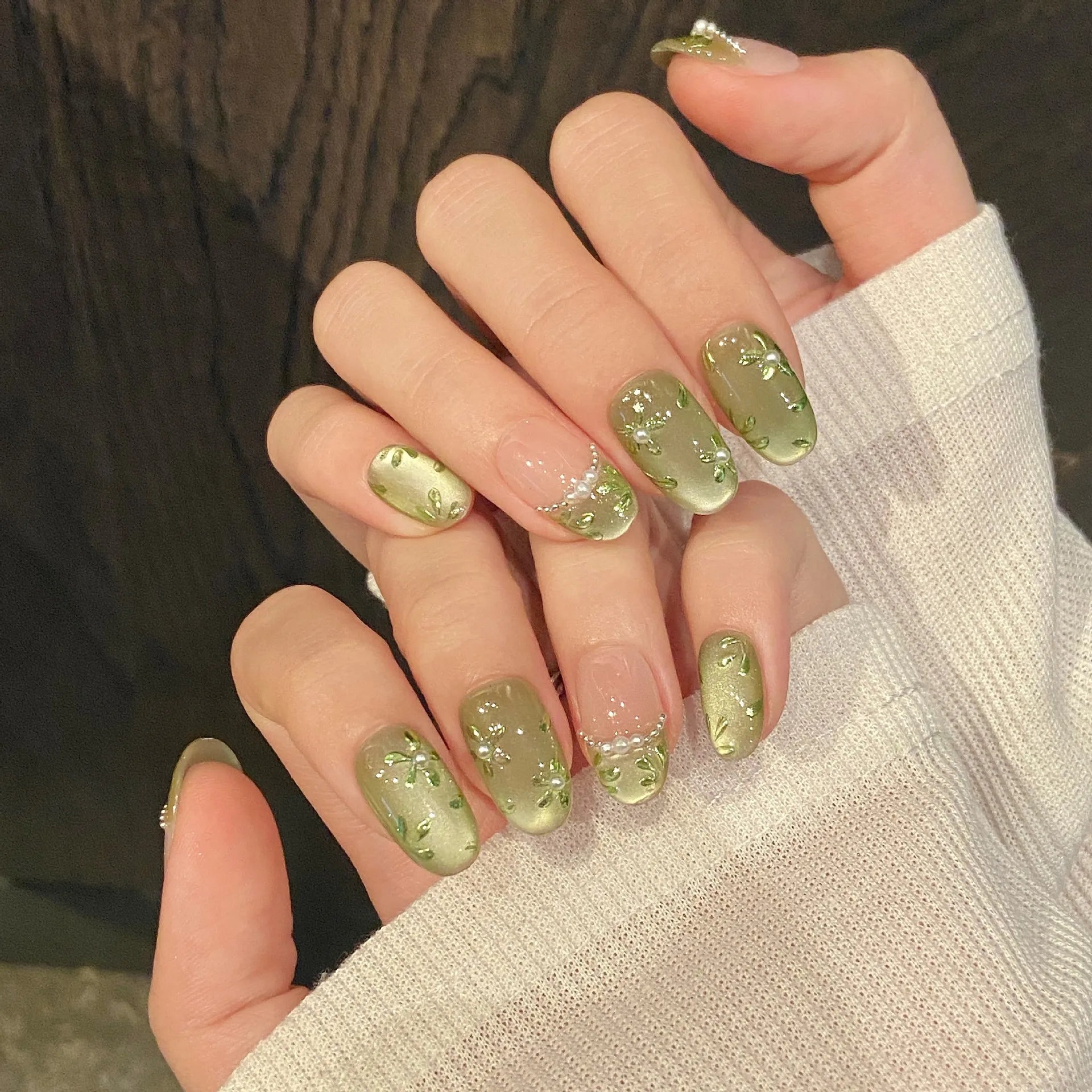 Sage Bloom Press-On Nails, Oval Short