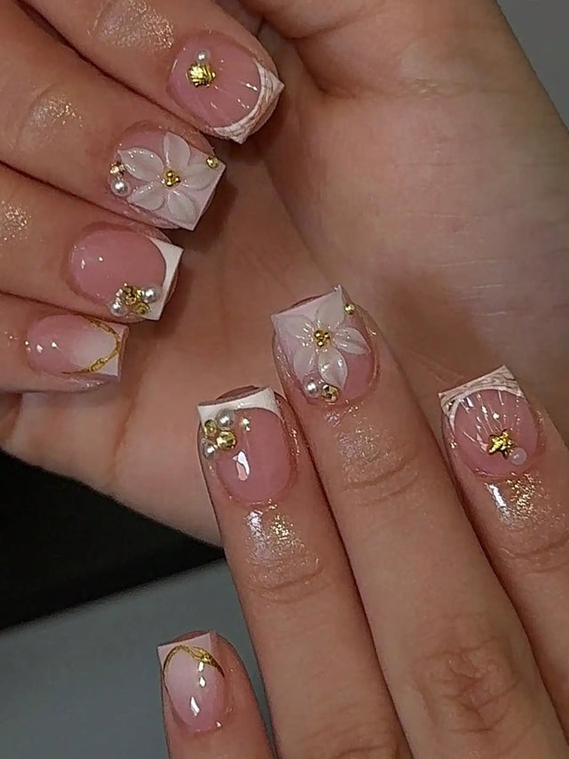 Chrome Bow French Press-On Nails, Square Short