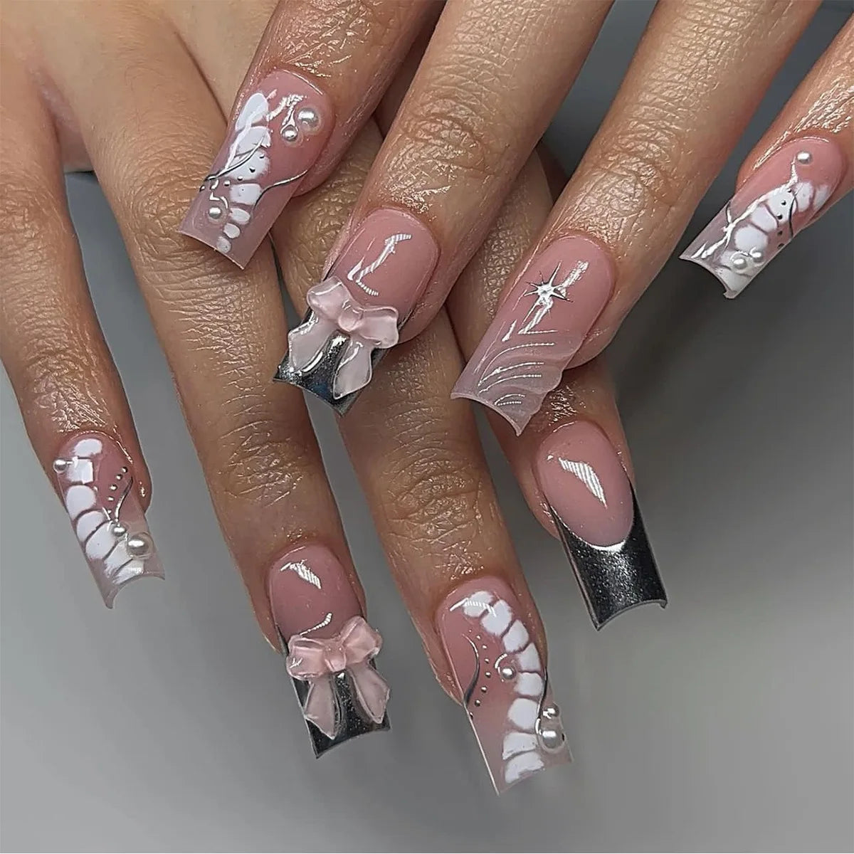 Bow Cast Press-On Nails, Coffin Long