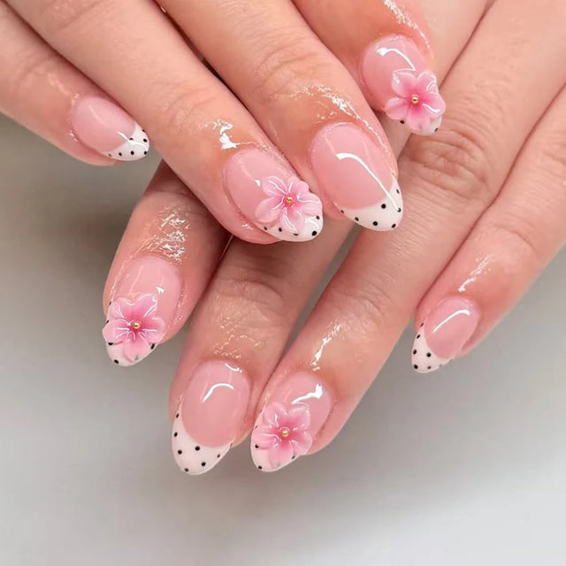 Flower Press-On Nails, Oval Short