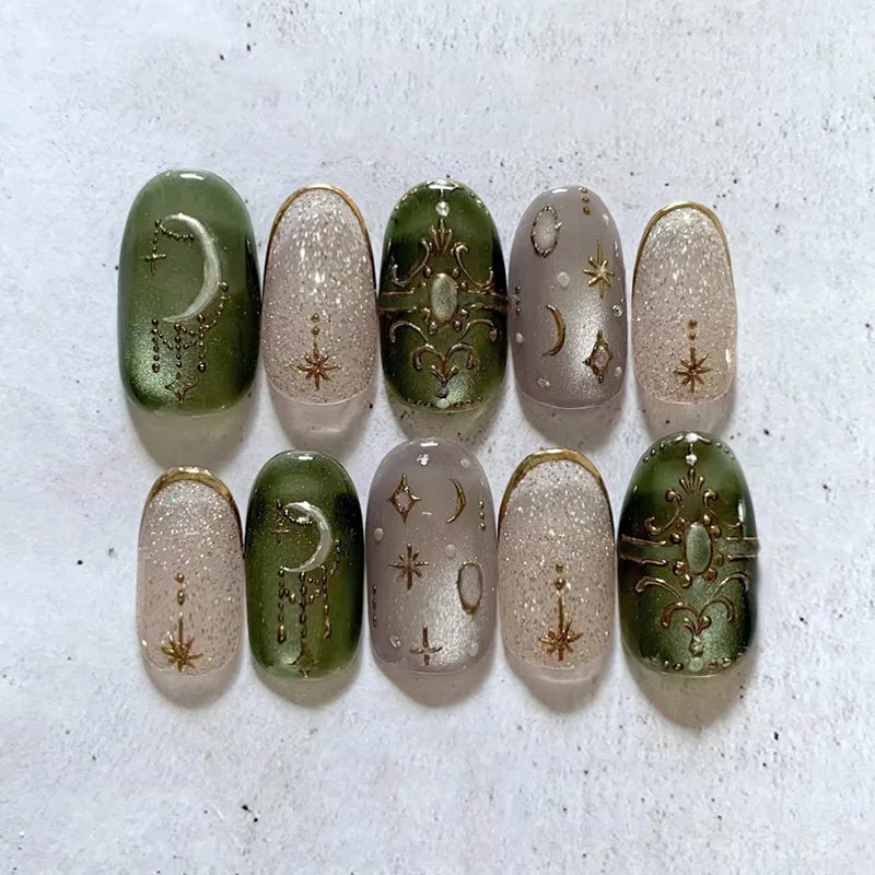 Olive Gilt Press-On Nails, Almond Medium