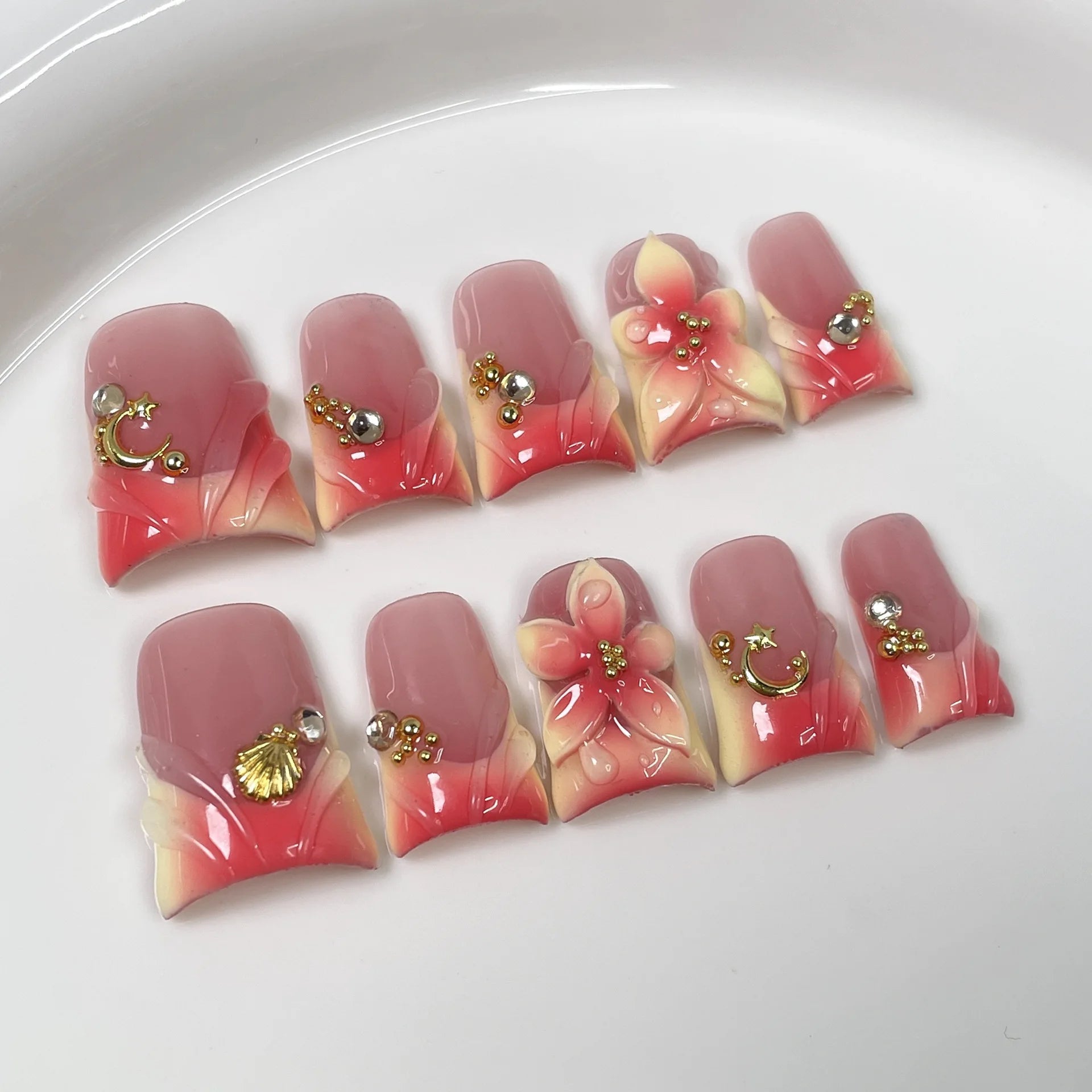 Ocean Bloom Press-On Nails, Square Short