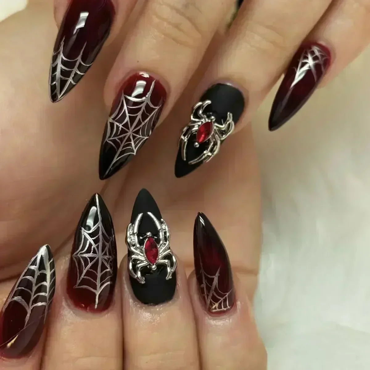 Cobweb Noir Press-On Nails, Stiletto Long