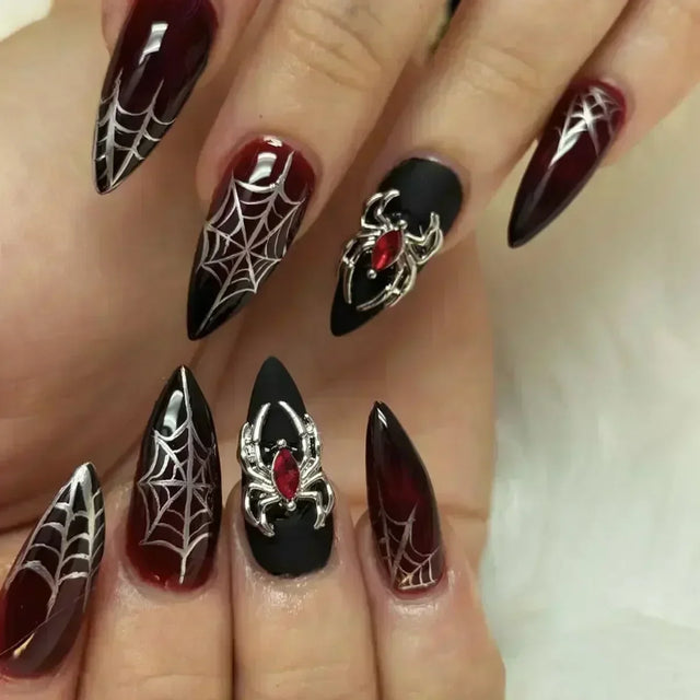 Cobweb Noir Press-On Nails, Stiletto Long