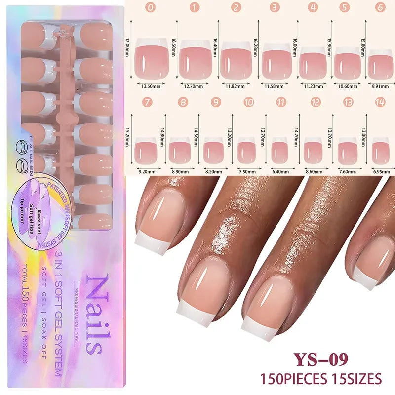Full Cover Press-On Nail Tips, 150 Pieces in 15 Sizes