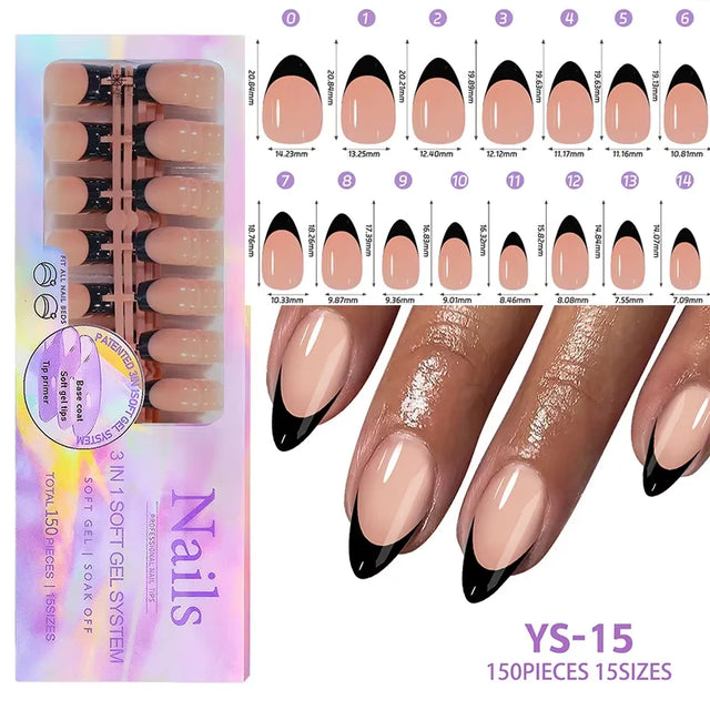 Full Cover Press-On Nail Tips, 150 Pieces in 15 Sizes