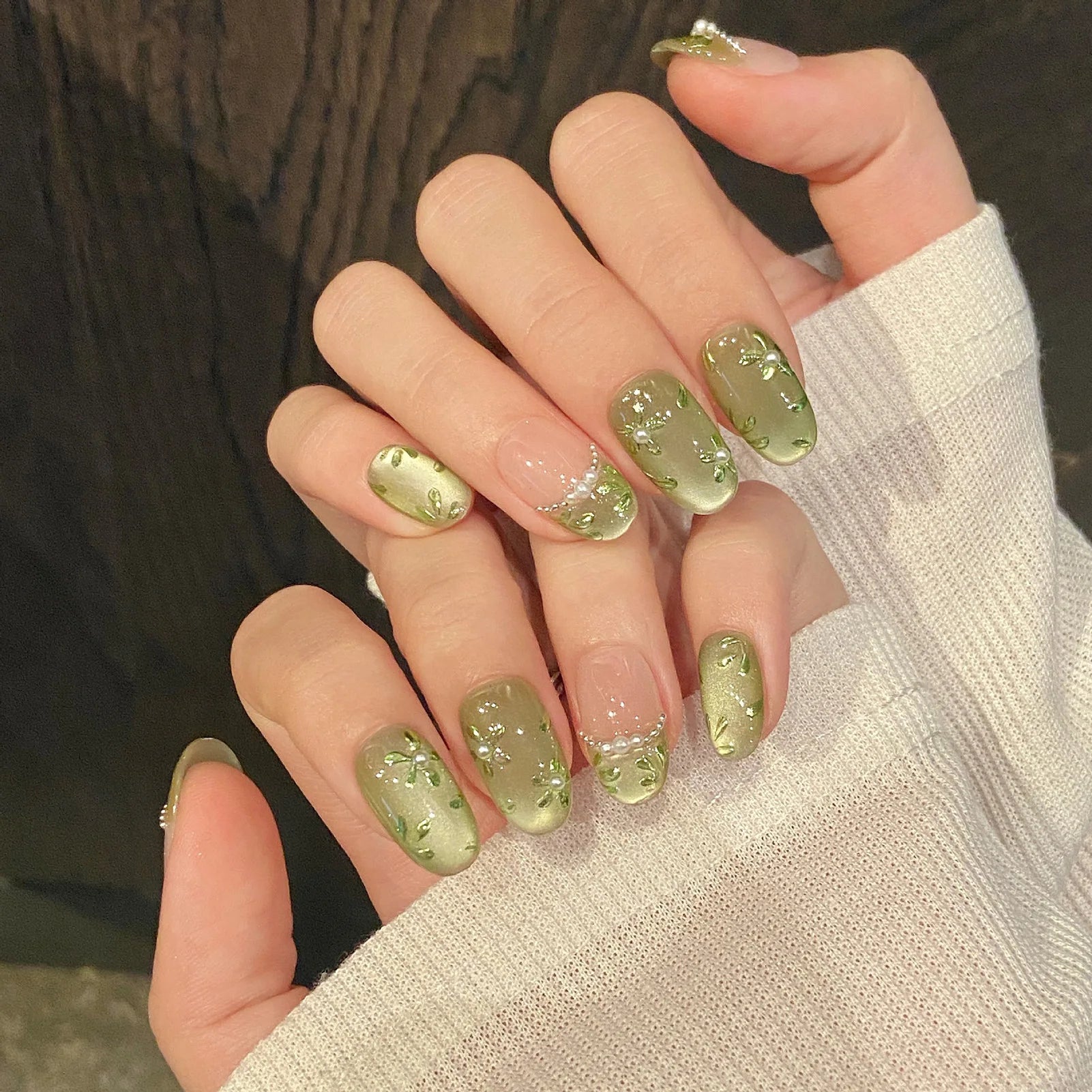Sage Bloom Press-On Nails, Oval Short