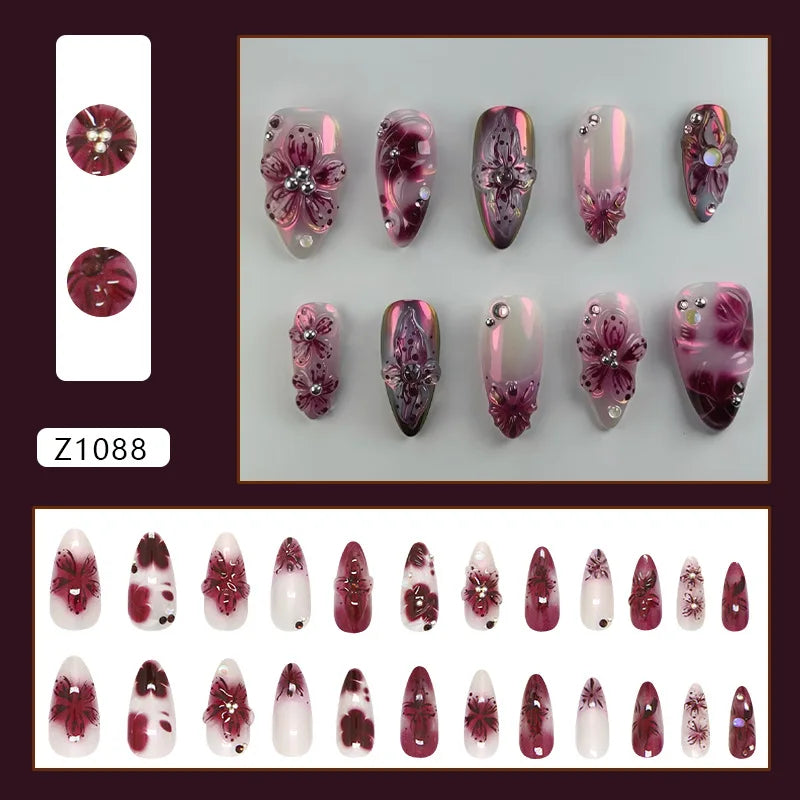 Wine Bloom Press-On Nails, Almond Medium