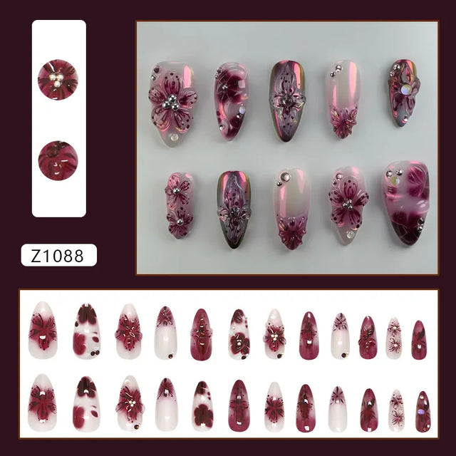 Wine Bloom Press-On Nails, Almond Medium