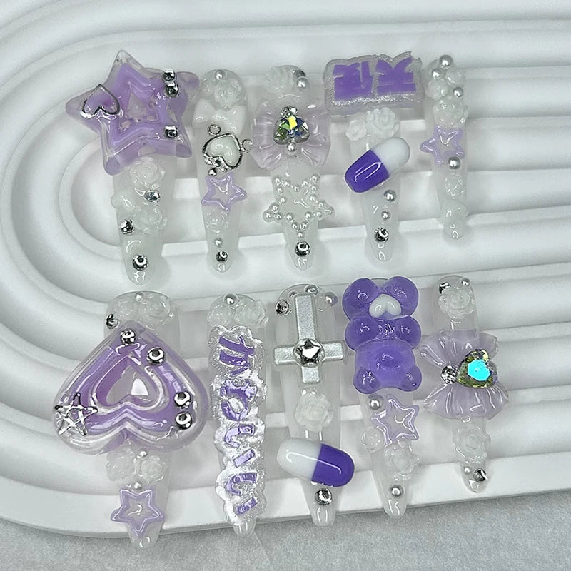 Jirai Purple Press-On Nails, Coffin Long