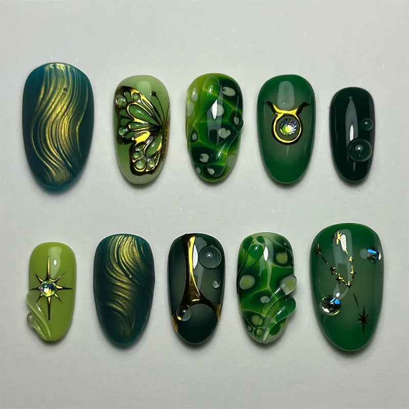 Jade Marble Press-On Nails, Almond Medium