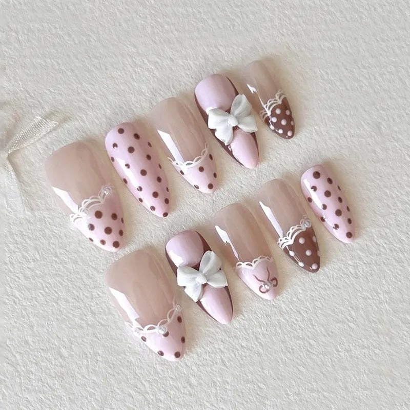 Dot Bow French Press-On Nails, Almond Medium