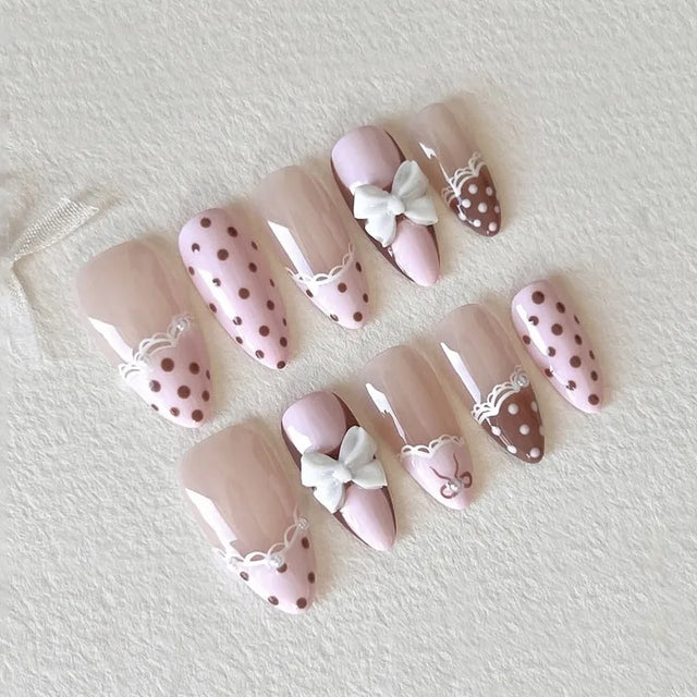 Dot Bow French Press-On Nails, Almond Medium