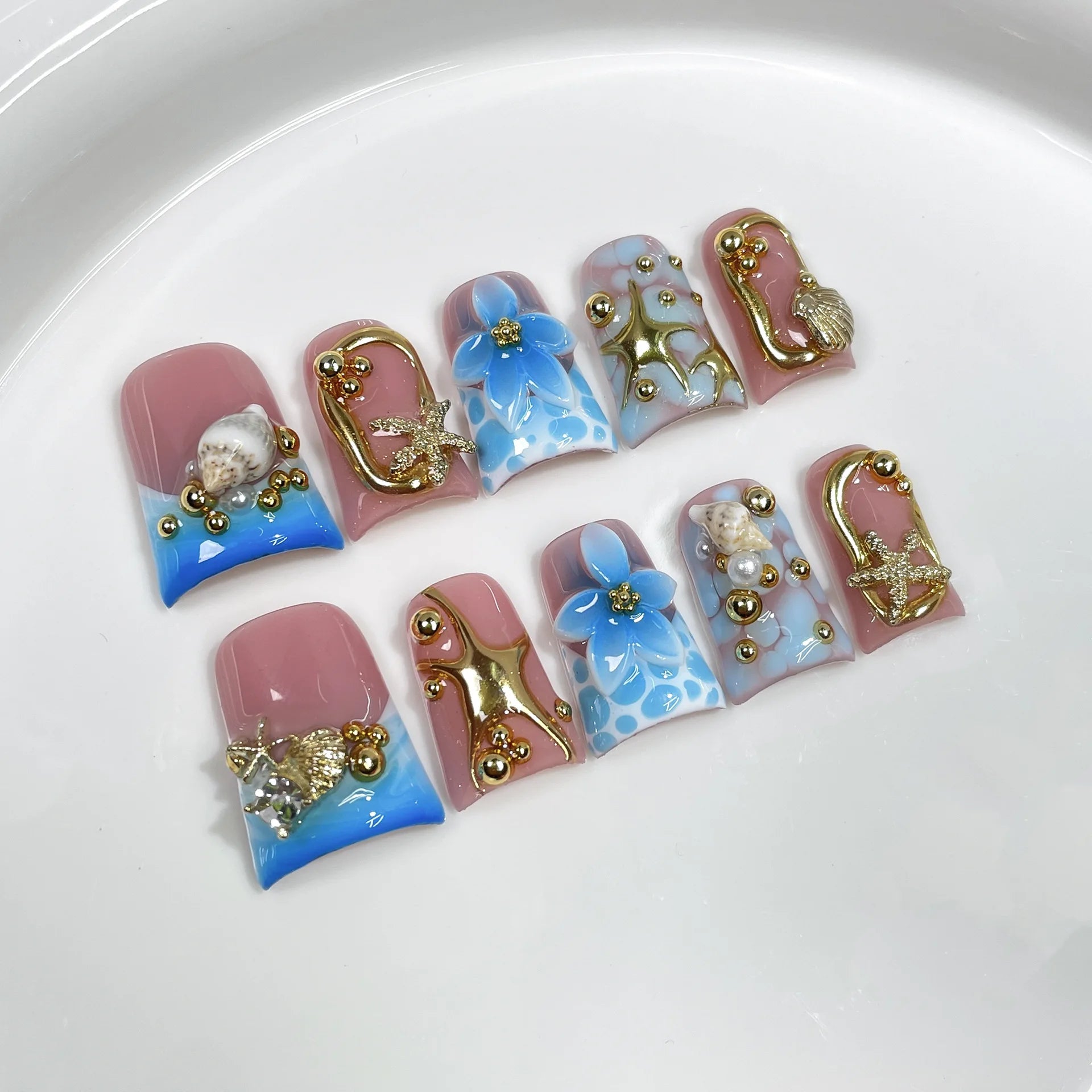 Ocean Bloom Press-On Nails, Square Short
