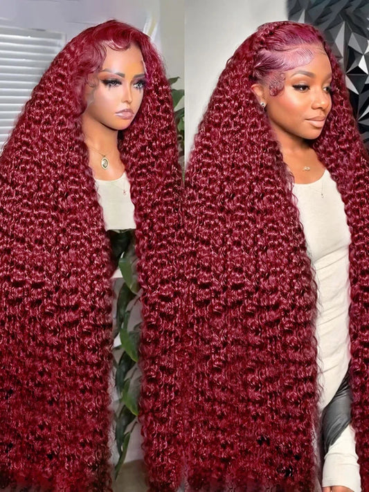 30 40 Inch Water Curly 99J Burgundy 13x4 Lace Frontal Wig High Density Red Colored Deep Wave 13x6 HD Lace Front Human Hair Wigs