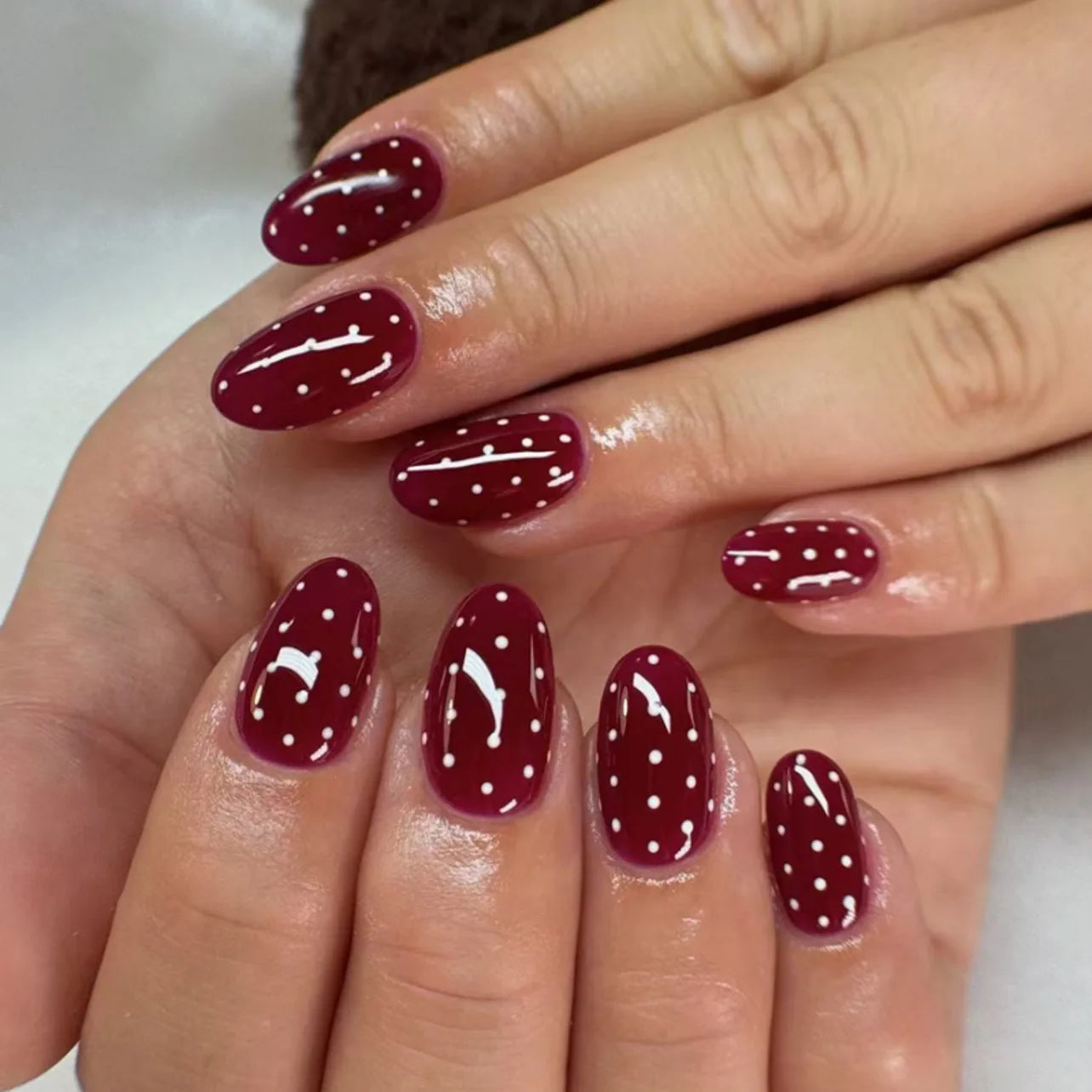 Burgundy Dot Press-On Nails, Almond Short