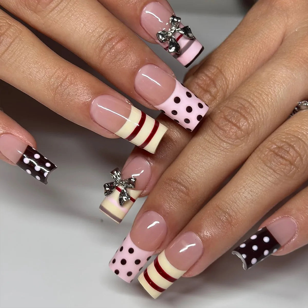 Metal Bow Press-On Nails, Coffin Medium